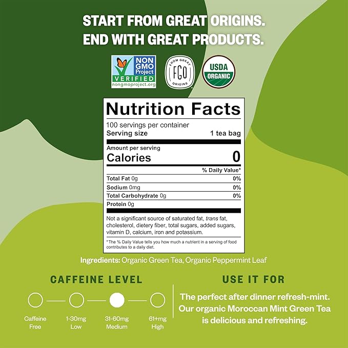 FGO Organic Moroccan Mint Green Tea, 100 Count, Eco-Conscious Tea Bags, Resealable Bag, Packaging May Vary (Pack of 1)