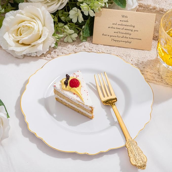 WDF 60pcs Gold Dessert Plates-7.5inch Baroque White and Gold Small Dessert Plates/Disposable Salad/Appetizer Plate for Upscale Party/Wedding/Birthday