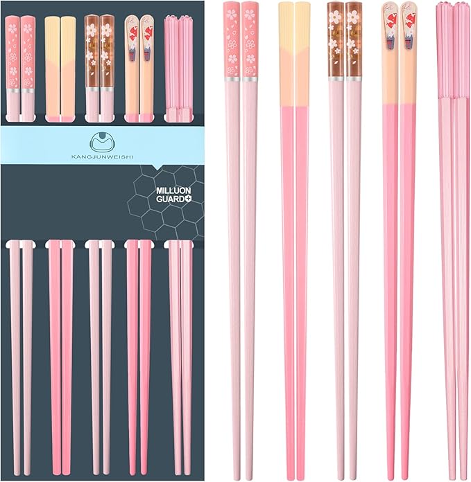 Chopsticks Reusable Dishwasher Safe, 9.57 inches Pink Non-slip Lightweight Fiberglass Chop Sticks, Asian Cuisine Japanese Chinese Chopstick Gift Set, 5 Pairs