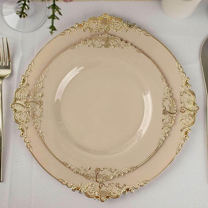 Efavormart 10 Pack | 8" Taupe and Gold Baroque Dessert Plates, Leaf Embossed Metallic Rim Heavy Duty Appetizer Plates for Boho Chic Gatherings