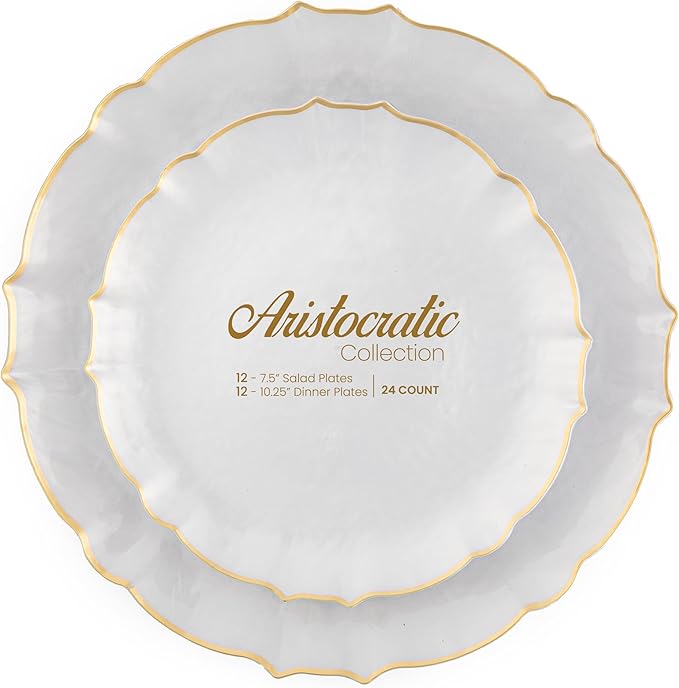 PLASTICPRO 24 Piece Aristocratic Combo Plastic Dinner Plates Disposable Plastic Fancy Heavy Duty Party Dishes 12, 7'' inch and 12, 10'' inch, Pearl White With Gold Rim