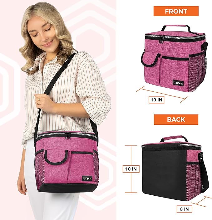 opux Insulated Lunch Box for Men Women Kids, Leakproof Reusable Lunch Bag Cooler for Work School Office, Soft Thermal Lunchbox Tote Shoulder Strap for Boys Girls Adults, Heather Pink, 18 Can/10L