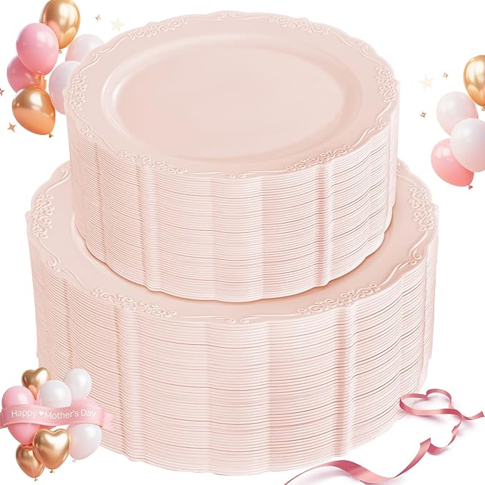 U-QE 100PCS Mauve Pink Plastic Plates - Heavy Duty Pink Disposable Plates for Mothers Day, Party, Baby Shower, Wedding - Serving 50 Guests Include 50PCS 10'' Dinner Plates & 50PCS 7.5'' Dessert Plates