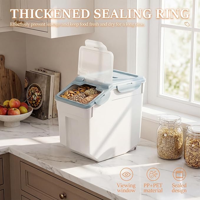 2 Pack 55 Lbs Airtight Rice Storage Container, Large Pantry Bin with Locking Lid & Wheels, Food-Grade PP Dry Goods Dispenser with Measuring Cup for Flour Grain Cereal Pet Food Kitchen Organization Bl