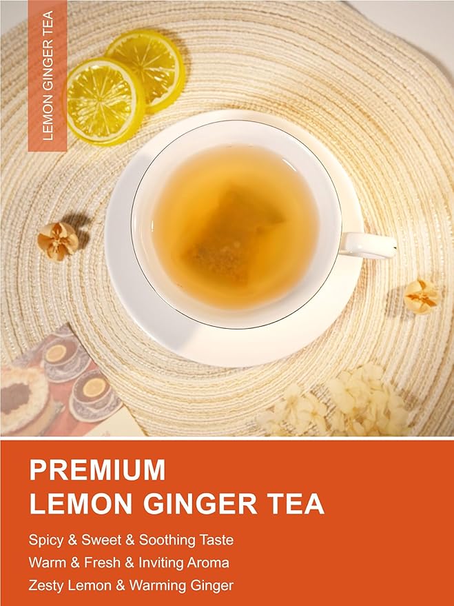 TeeLux Lemon Ginger Herbal Tea, Refreshing Lemon with Spicy Ginger Root & Zesty Lemongrass, Caffeine Free, Soothing & Tangy Flavor, 100 Tea Bags