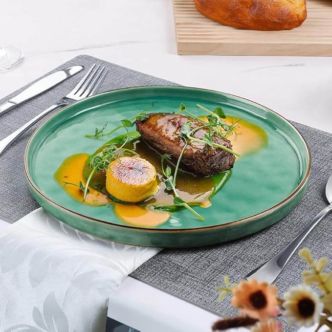 LIANYU Ceramic Dessert Plates Set of 6, 10.2 Inch Kitchen Dinner Plates Set, Porcelain Serving Dishes for Cake, Bread, Salad, Snack and Steak, Microwave, Oven and Dishwasher Safe, Emerald Green