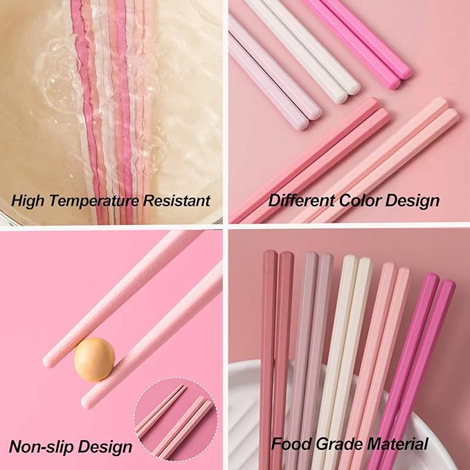 Chopsticks Reusable Dishwasher Safe, Slivek Premium Japanese Chinese Korean Chopstick, Non-slip, Lightweight, 9.05 inches - Macaron Pink Chop Sticks, 5 Pairs