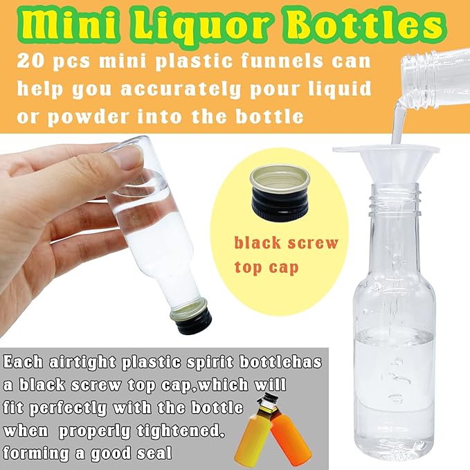 Mini Liquor Bottles,50 Pack Empty Spirit Bottles with Black Cap,1oz/30ml Mini Alcohol Bottle with 20 Funnels,Miniature Bottle for Weddings,Party Favors