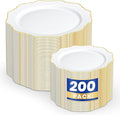 WDF 200PCS White and Gold Plastic Plates - Gold Plastic Plates - Include 100 Dinner & 100 Dessert Disposable Party Plate - Fancy Disposable Plate for Wedding/Baby Shower/Spring