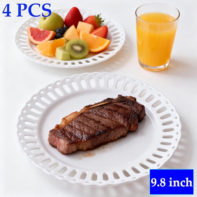 Aimusego Porcelain White Dinner Plates, Set of 4, Ceramic Salad Plates, Platters for Cake Snacks Steak Bread Luncheon Dish at Home Hotel and Restaruant, Stackable, for Holiday (White B, 9.8'')