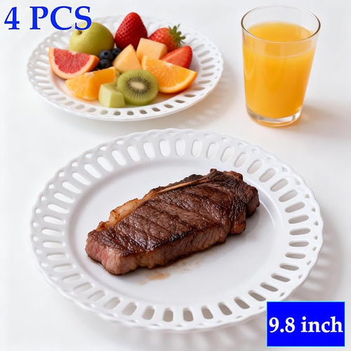 Aimusego Porcelain White Dinner Plates, Set of 4, Ceramic Salad Plates, Platters for Cake Snacks Steak Bread Luncheon Dish at Home Hotel and Restaruant, Stackable, for Holiday (White B, 9.8'')