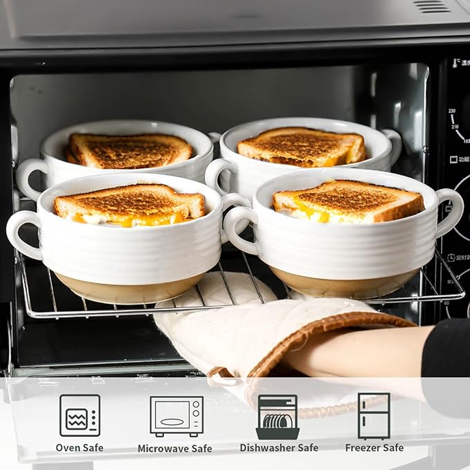 HASENSE Ceramic Soup Bowls with Handles, 24 Oz French Onion Soup Crocks Set of 4, Stackable White Serving Bowls for Stew, Chili & Cereal, Oven Microwave Dishwasher Safe, Christmas Kitchen Gift