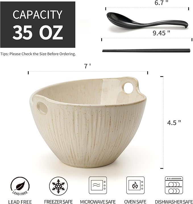 Ramen Bowl with Chopsticks and Spoons Set, 7 Inch Ceramic Noodle Bowl Set of 2, Dishwasher Safe for Pho Udon Soba Noodle Salad Pasta, Special Glazed Aged Ivory Speckle Bowls Set