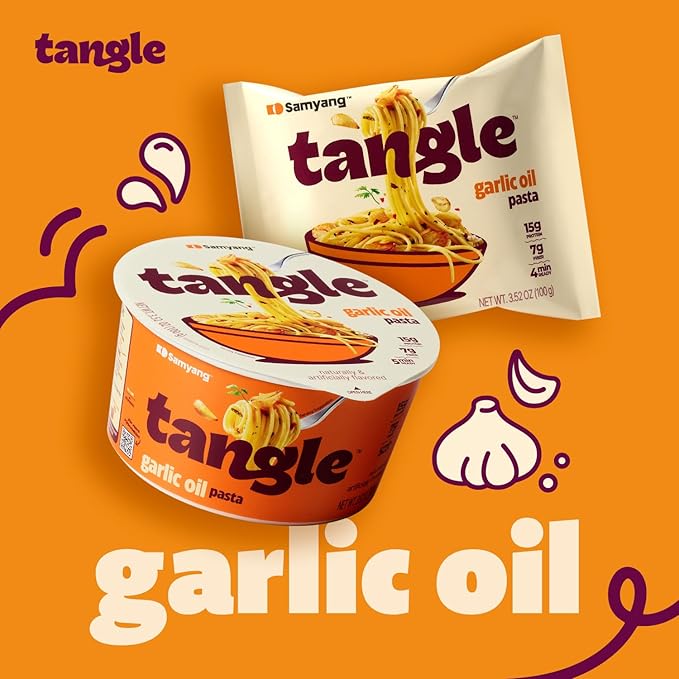 Samyang Tangle Garlic Oil Linguine Aromatic Roasted Garlic and Olive Oil Flavor Spicy Kick Air Dried Noodle Easy Cook Pasta 3.63 oz (Pack of 4)