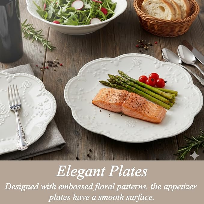 Tebery Set of 4 Ceramic Dinner Plate, 10.5 Inch Large Embossed Lace Salad Serving Plates, Elegant Appetizer Dessert Dishes for Wedding, Party, Restaurant, Kitchen, Microwave Dishwasher Safe, White