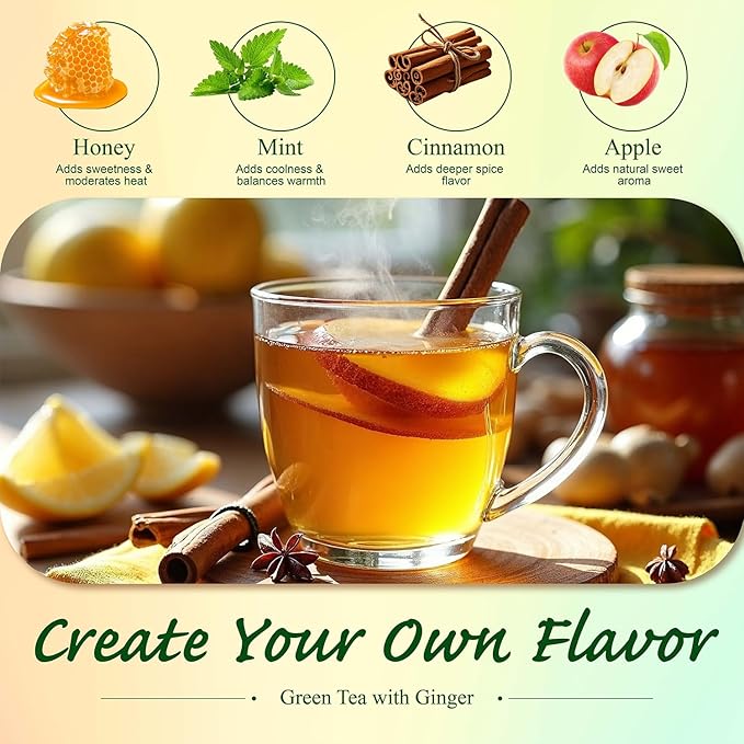 WT WEETEE Green Tea with Ginger, 100 Count Real Ginger & Premium Green Tea Bags | Warm & Strong, No Flavorings | Digestive Comfort & Light Energy