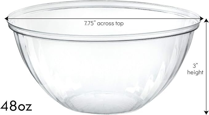 PLASTICPRO Disposable 48 Ounce Round Crystal Clear Plastic Serving Bowl With Lid - Party Snack or Salad Container, Chip and Candy Dish - Pack of 8
