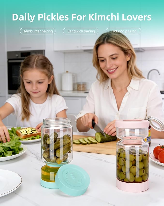 ZENS Pickle Jar with Strainer Flip, 37 oz Hourglass Pickle Juice Separator Container, Airtight Leakproof Lid, Dual Wet-Dry Design, Time Tracker Lid – 2 Pack Olive & Kimchi Jars