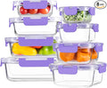 HOMBERKING 8 Pack Glass Food Storage Containers with Lids, Meal Prep Containers, Airtight Bento Boxes with Leak Proof Locking for Microwave, Oven, Freezer and Dishwasher, BPA Free, 5-35oz, purple