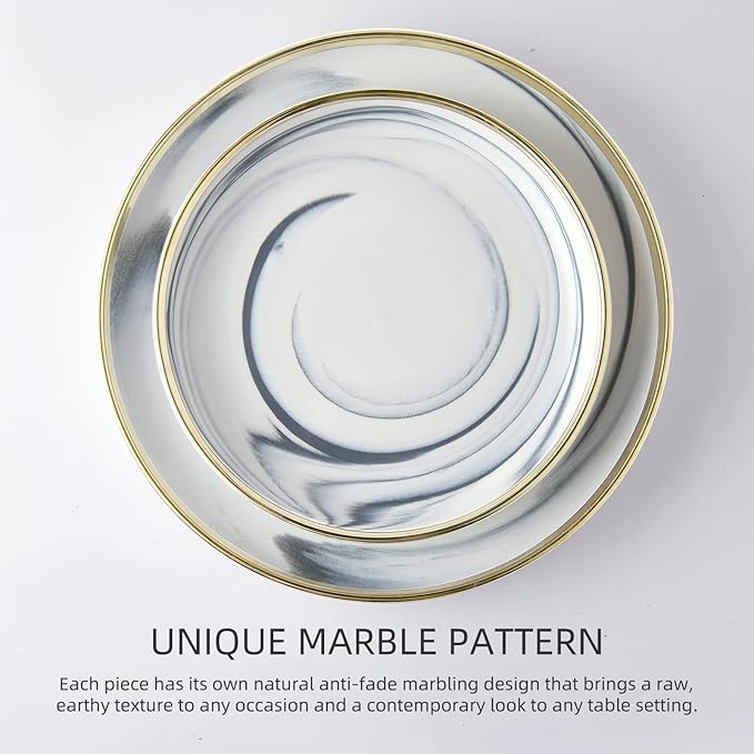 Pokini Marble Gold Rim Dinnerware Sets, Porcelain Plates and Bowls Sets, Modern Luxury Dish Set for 4, White Grey China Dinner Set for Special Occasions, Hand Wash Quickly