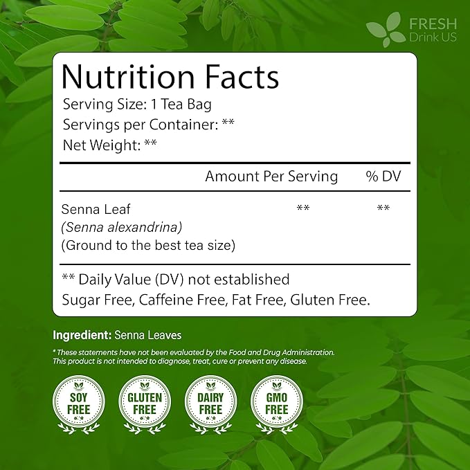 FreshDrinkUS, Premium 75 Senna Leaf Tea Bags, 100% Natural & Pure from Senna Leaves. Loose Leaf Senna Herbal Tea, Made with Natural Material Tea Bags. No Sugar, No Caffeine, No Gluten, Vegan.