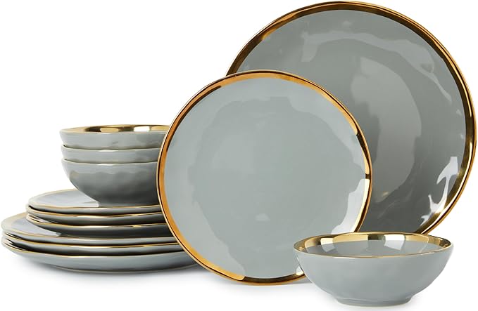 Pokini Porcelain Luxury Dinnerware Sets, Modern Plates and Bowls Sets for 4, Highly Chip and Crack Resistant, Grey and Gold Rim China Dishes Set for Wedding Anniversary