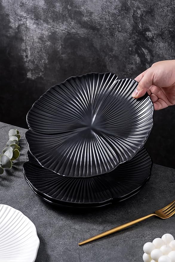 Jusalpha Set of 3-Japanese Style Flower Petal Shaped Porcelain Dinner Plates, Versatile Circular Serving Plates for Breakfast, Salad, Steak Dinner, PL019 (Flat plate, 10'', Black)