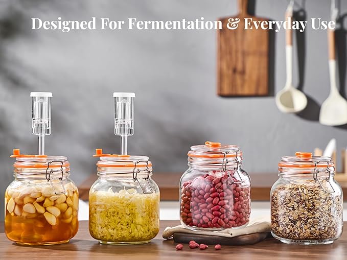 1L Fermentation Jar Kit (2 Pack) with Airlock & Glass Weight, Wide Mouth Fermenting Jar for Sauerkraut, Kimchi & Pickles, No Burping Required