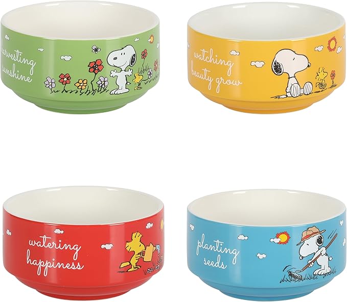 Peanuts Snoopy 5.5-Inch Decorated Stoneware Bowls, Stackable 4-Pack Bowl Set for Cereal, Snacks, or Dessert, Dishwasher & Microwave Safe