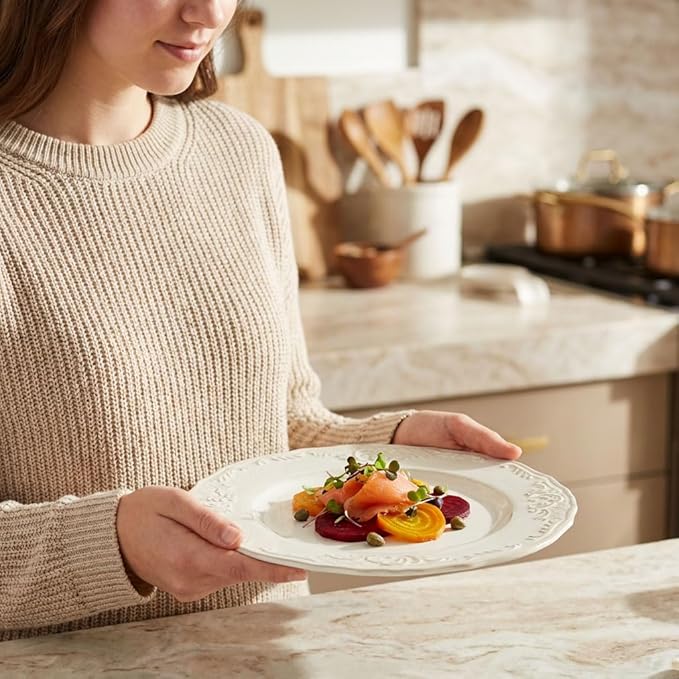 Ceramic dinner plate set (4 pieces), ceramic dinner plates, embossed salad plates, Kitchen Porcelain Serving Dishes, microwave/oven/dishwasher safe, scratch-resistant.