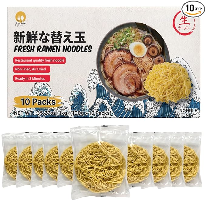 Asiatic Dishes - Fresh Japanese Ramen Noodles (Pack of 10) - Non-Fried Noodle, Healthy Baked Asian Ramen, Chewy Ramyun, 7g Protein, No Soup Included, Quick and Easy, 3.52oz | Quick easy Meal
