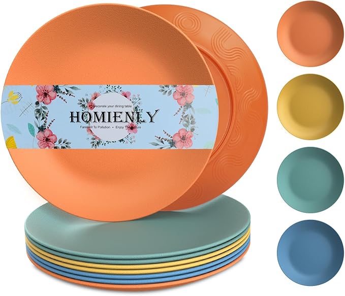 Homienly Flat Dinner Plates Set of 8 Alternative for Plastic Plates Microwave and Dishwasher Safe Wheat Straw Plates for Kitchen Unbreakable Kids Plates with 4 Colors (Multi,10 inch)