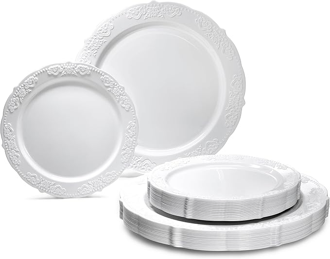 OCCASIONS 50 Pack (25 Guests) Heavy Duty Fancy Disposable Plastic Plates Set - 25x10.25'' Dinner + 25x7.5'' Dessert Plates for Wedding, Party, Birthday, Bridal Shower, BPA Free (Portofino Plain White)