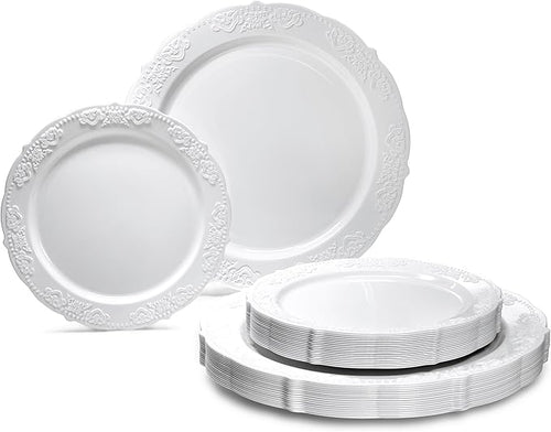 OCCASIONS 50 Pack (25 Guests) Heavy Duty Fancy Disposable Plastic Plates Set - 25x10.25'' Dinner + 25x7.5'' Dessert Plates for Wedding, Party, Birthday, Bridal Shower, BPA Free (Portofino Plain White)