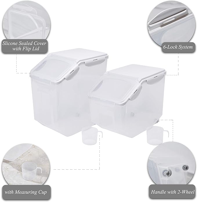 HANAMYA Food Storage Container with Measuring Cup, BPA free, 50-Cup, For Rice | Grain | Pet Food | Flour, 2 Set, Clear & Off White