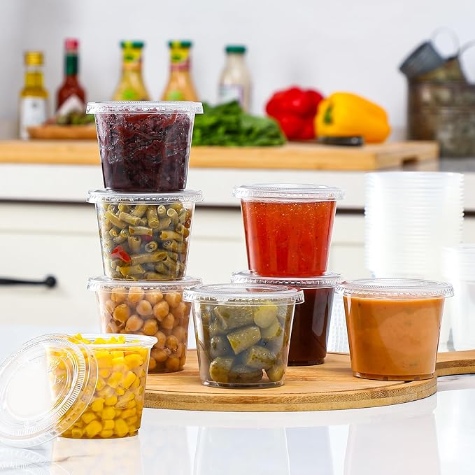 AOZITA 100 Sets - 5.5 oz Portion Cups With Lids, Jello Shot Cups, Small Plastic Containers, Airtight and Stackable Souffle Cups