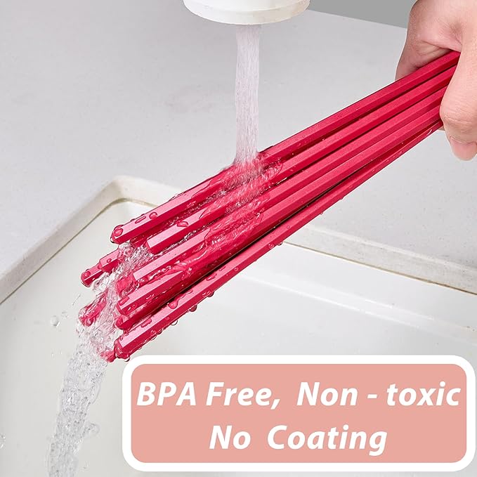 10 Pairs Fiberglass Chopsticks Non-Slip Tips, Dishwasher Safe & Reusable Japanese Korean Chopsticks for Sushi Ramen, 9.63 inch/24.5cm Chop Sticks for Family Restaurant- Red