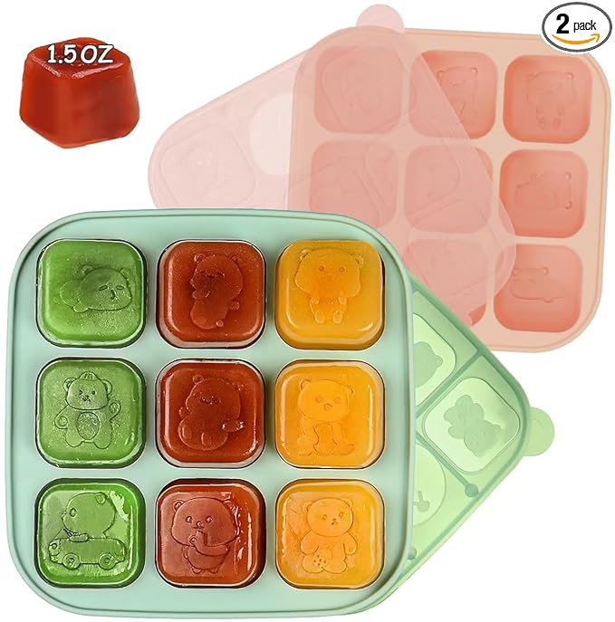 Silicone Freezer Tray with Lid, Food Storage Container for Homemade Baby Food, Vegetable, Fruit Purees, Breast Milk Feeder & Mini Nibble Combo, Breastmilk Popsicle Molds, 2 Pack(L)
