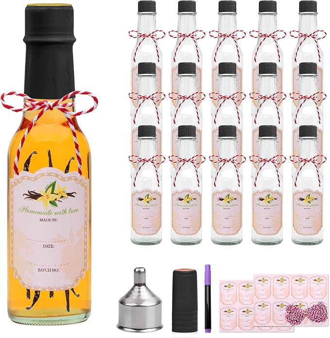 5oz Hot Sauce Bottles With Lids - Clear Woozy With Shrink Capsules, Small Wine Making and Vanilla Extract Glass Bottles - Black Caps Set of 16