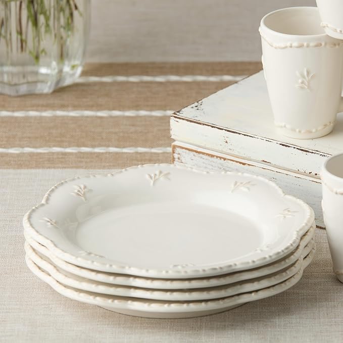 Heritage Beads 11-Inch Stoneware Dinner Plates – Elegant Scalloped Rim Plates with Embossed Beading, Set of 4 – Timeless Off-White Plates for Dinner Parties, Holidays & Everyday Use