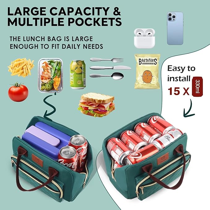 Genteen Lunch Box for Women, Insulated womens Lunch bag for work,Reusable Cute Lunch Bags,High Capacity Cooler BagTote for Work Girls Office Picnic School-Lake Green