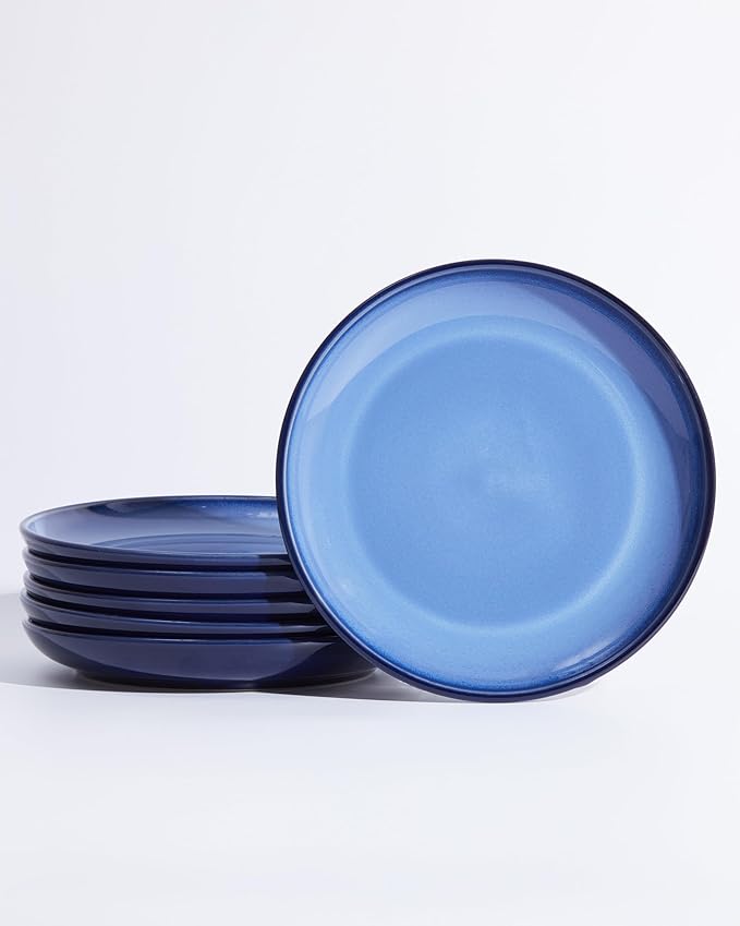 Pokini Ceramic Plates Set of 6, 8.0 Inch Reactive Glaze Dessert Plates, Modern Dinnerware Dishes Set for Kitchen, Microwave & Dishwasher Safe, Scratch Resistant-Light Blue