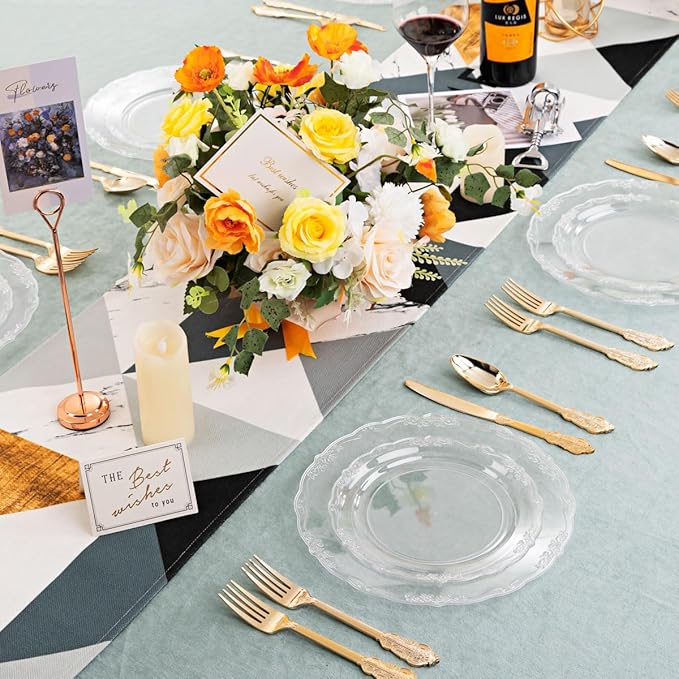 U-QE 100 Pieces Clear Plastic Plates - Clear Disposable Plates - Premium Hard Plastic Plates for Party, Holiday and Party Use Including 50 Dinner 10 '' & 50 Dessert Platos 7.5 ''