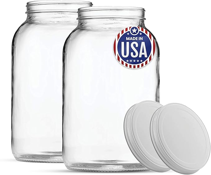 FastRack - 1 Gallon Jar with White METAL Airtight Lid (Pack of 2) | Glass Canisters with Airtight Lids | Large Glass Jar with Fermentation Lid for brewing, fermentation and pickling