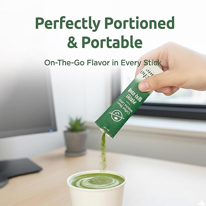 Coffee Bean Matcha Latte Sticks, 8 Single-Serve Packets – Made with Jeju Matcha for a Smooth, Balanced Green Tea Latte – Enjoy Hot or Iced