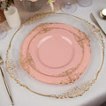 Efavormart 10 Pack | 8" Dusty Rose and Gold Baroque Dessert Plates, Leaf Embossed Metallic Rim Heavy Duty Appetizer Plates for Whimsical Parties