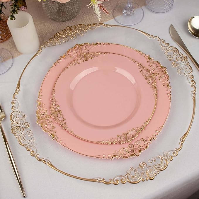 Efavormart 10 Pack | 8" Dusty Rose and Gold Baroque Dessert Plates, Leaf Embossed Metallic Rim Heavy Duty Appetizer Plates for Whimsical Parties