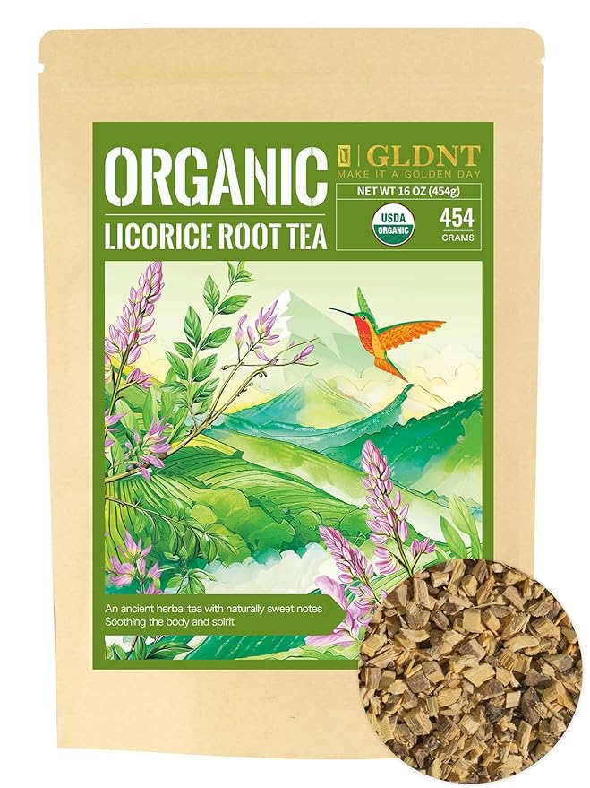 GLDNT Organic Licorice Root Tea, Premium Organic Licorice Tea Loose Leaf, Warm & Natural Sweet Flavor, Cut and Sifted, Caffeine Free, 16oz