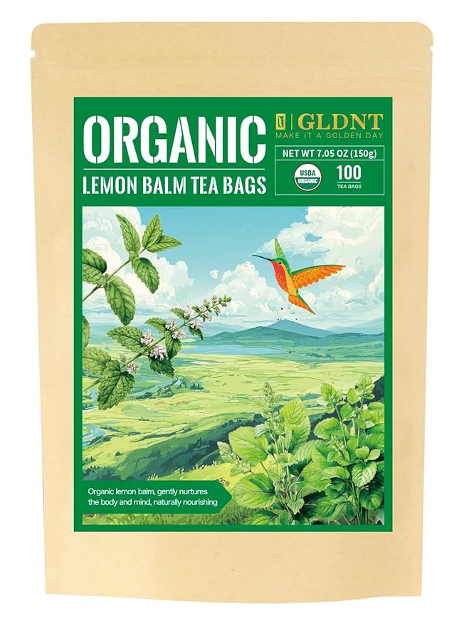 GLDNT Organic Lemon Balm Tea Bags, Natural Lemon Balm Herbal Tea, Lemony & Citrusy Flavor, Caffeine Free, 100 Count