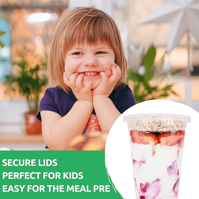 Aatriet 16 oz Clear Plastic Parfait Cups with Insert 4oz & Flat Lids No Hole - (50 Sets) Yogurt Fruit Parfait Cups for Kids, for Dips and Veggies, Take Away Breakfast and Snacks. No Leaking